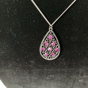 Pink Silver Tone Long Pendant Necklace